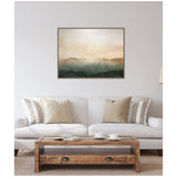 Abstract mountain landscape artwork in muted blues and browns hangs above a light grey sofa with beige and striped pillows, complemented by a wooden coffee table with cups and books.