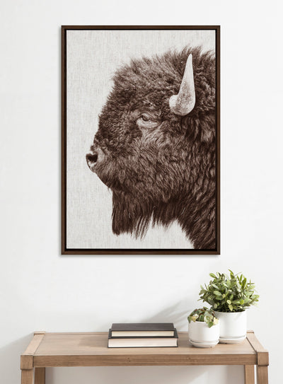 Sylvie Bison Profile Woven Neutral Linen Framed Canvas by Amy Peterson Art Studio