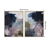 Two-piece framed abstract canvas art set with deep navy, muted green, gray, and soft pink brushstrokes, sized 58 by 38 inches overall in gold frames.