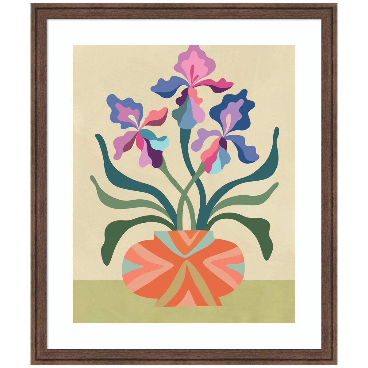 Abstract floral artwork featuring three multicolored iris flowers with layered petals in shades of pink, purple, and blue emerging from a striped coral and teal rounded vase, set against a beige and light green background framed.