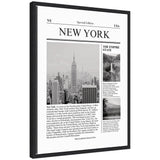 Framed canvas wall art print titled 'New York Article' by Megan Ryan, showing detailed black and white urban imagery in a black Sylvie frame.