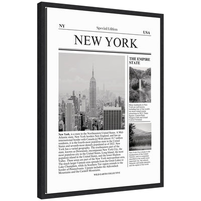 Framed canvas wall art print titled 'New York Article' by Megan Ryan, showing detailed black and white urban imagery in a black Sylvie frame.