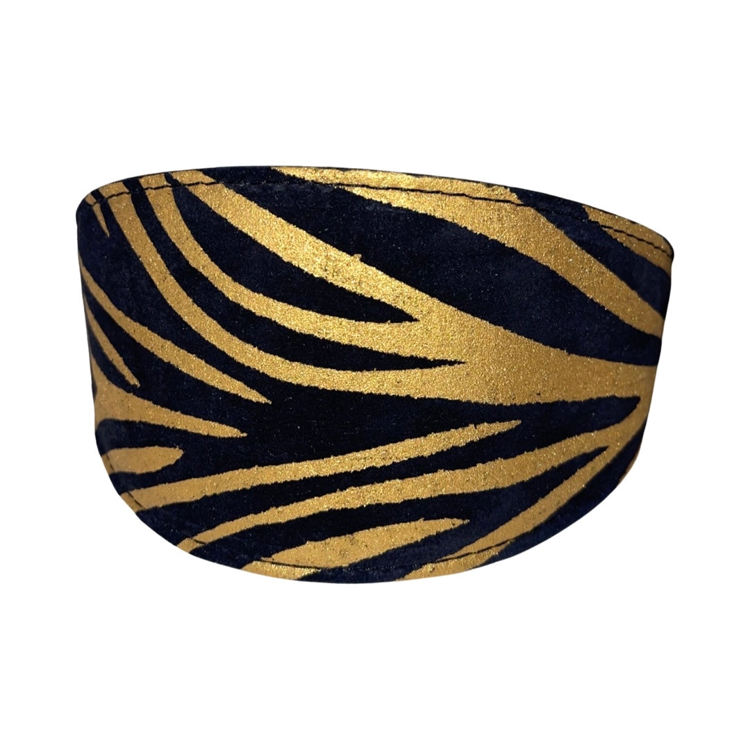Black & Gold Zebra Print 3” Wide Style Collar with soft leather lining