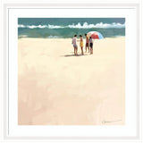Digital art print showing four people standing on a sandy beach near ocean waves, with one person holding a red, white, and blue umbrella, all casting shadows.