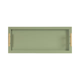 Rectangular muted green tray with raised edges and two parallel gold metal handles on the shorter sides, shown from above on a white background.