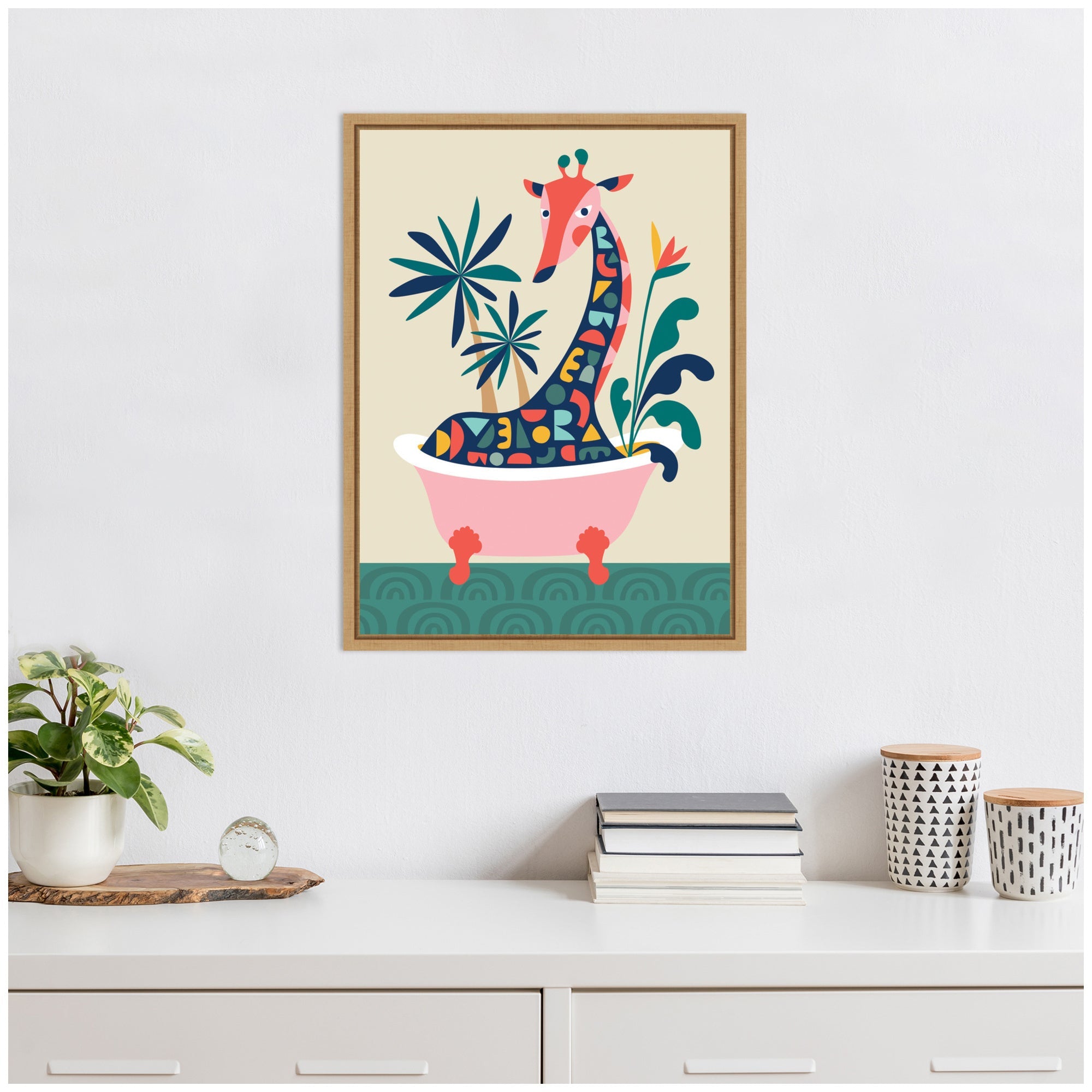 Sylvie MCM Giraffe in Bathtub Framed Canvas by Rachel Lee