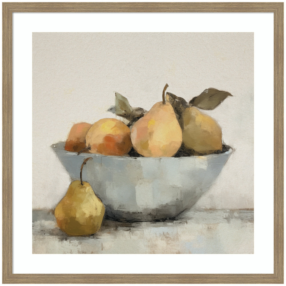 Framed art print of a still life featuring ripe pears and oranges in a bowl with woodgrain mocha frame
