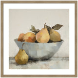 Framed art print of a still life featuring ripe pears and oranges in a bowl with woodgrain mocha frame