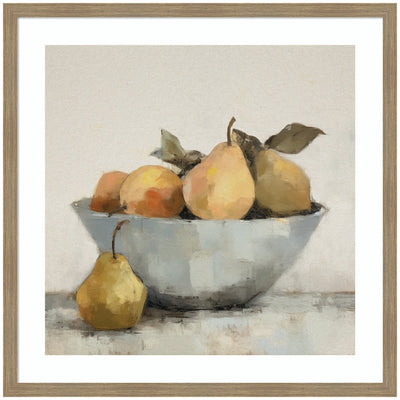 Framed art print of a still life featuring ripe pears and oranges in a bowl with woodgrain mocha frame