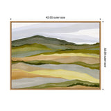 Abstract landscape painting with layered horizontal bands in muted greens, yellows, and grays resembling hills and sky, framed with a light wood border.