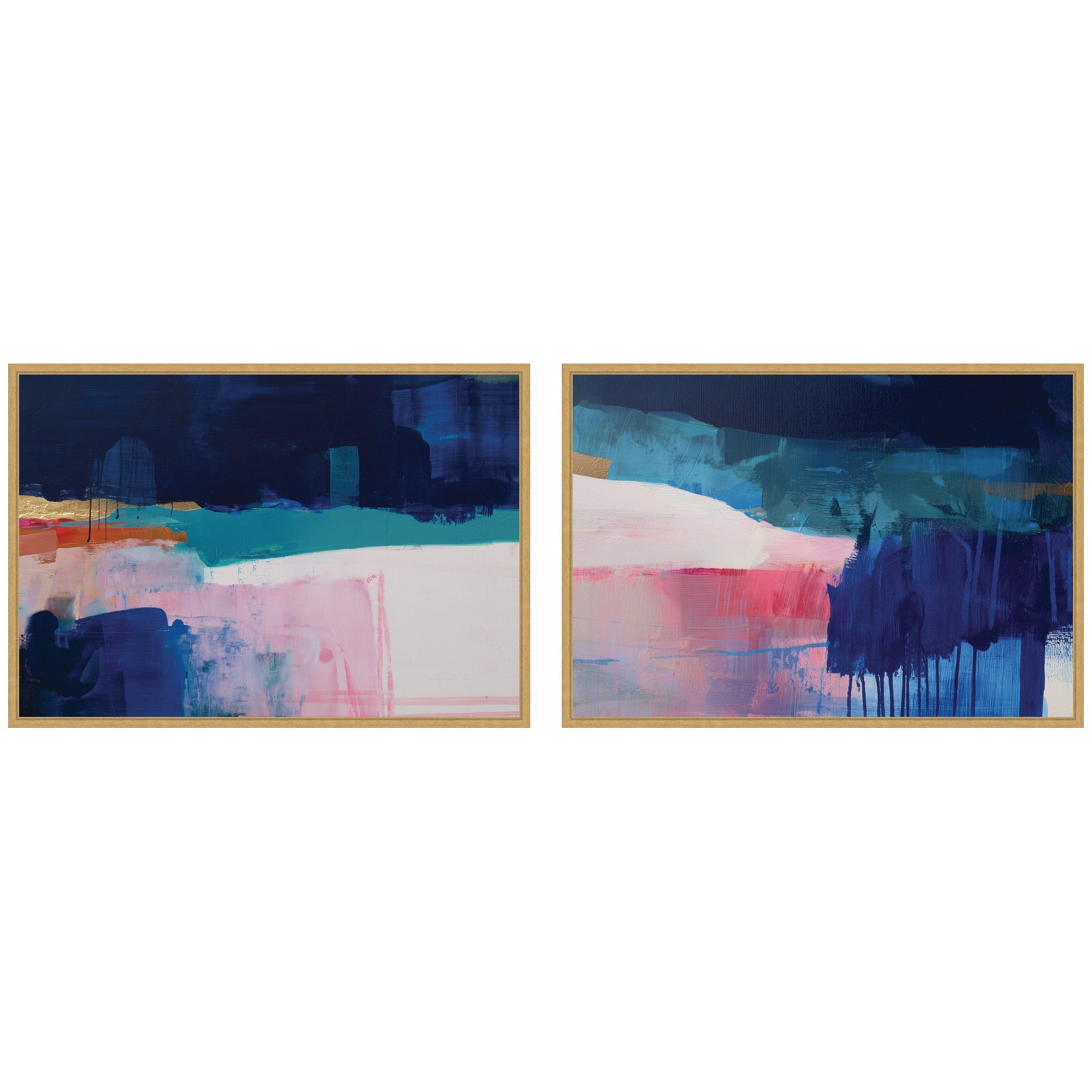 Two-piece framed canvas wall art set titled Blue Current No.
1 & No.
2 by Amy Lighthall, with blue abstract imagery in bright gold Sylvie frames