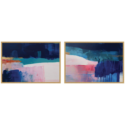 Two-piece framed canvas wall art set titled Blue Current No.
1 & No.
2 by Amy Lighthall, with blue abstract imagery in bright gold Sylvie frames