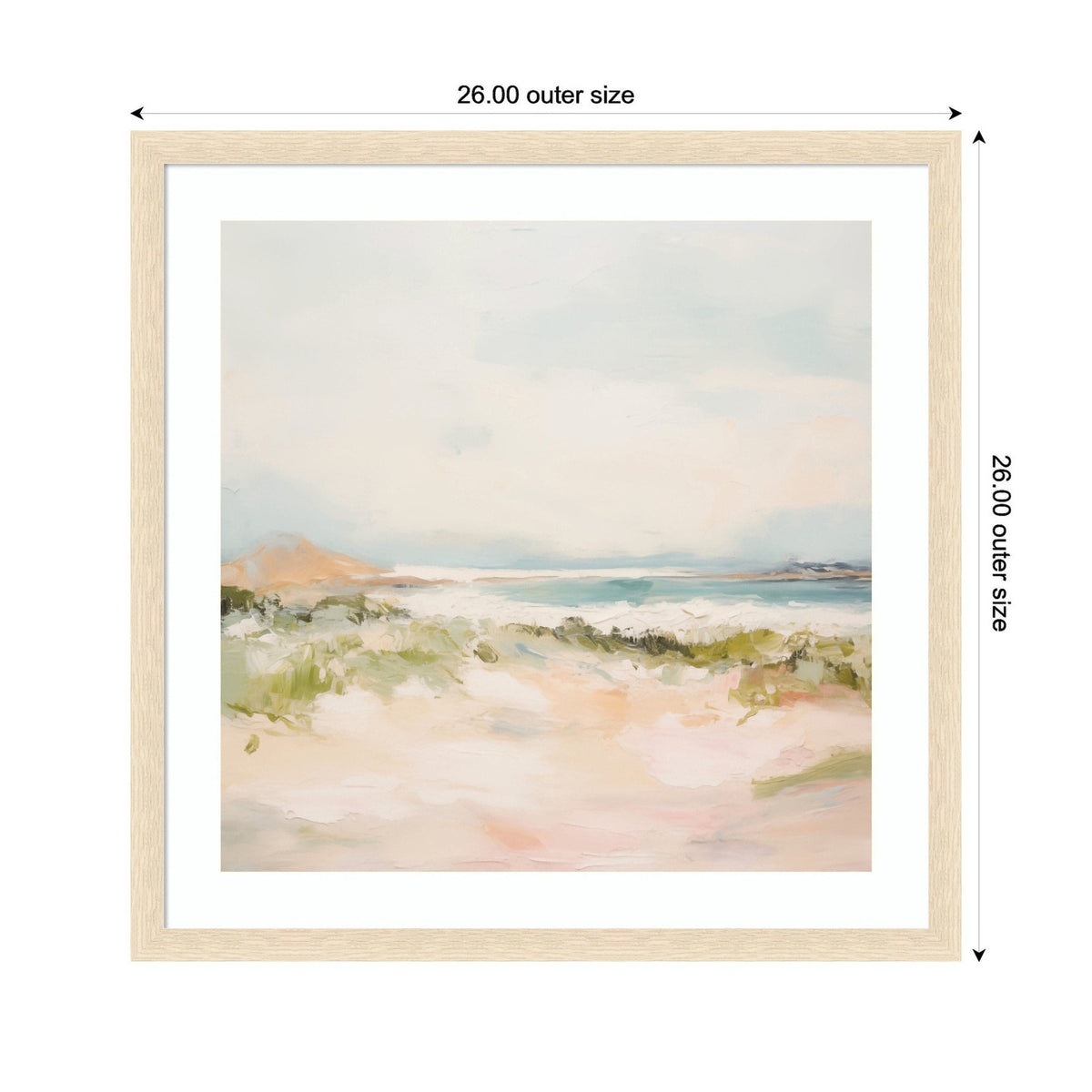 Softly blended seascape painting with muted blues, greens, and sandy beige tones, framed in light wood with white matting, measuring 26 by 26 inches.