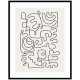 Black continuous abstract line drawing with geometric and organic shapes on off-white background, framed in thin black frame.