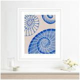 Framed artwork depicting three blue ammonite shell spirals on a beige background, displayed above a white shelf with a candle and flowers.
