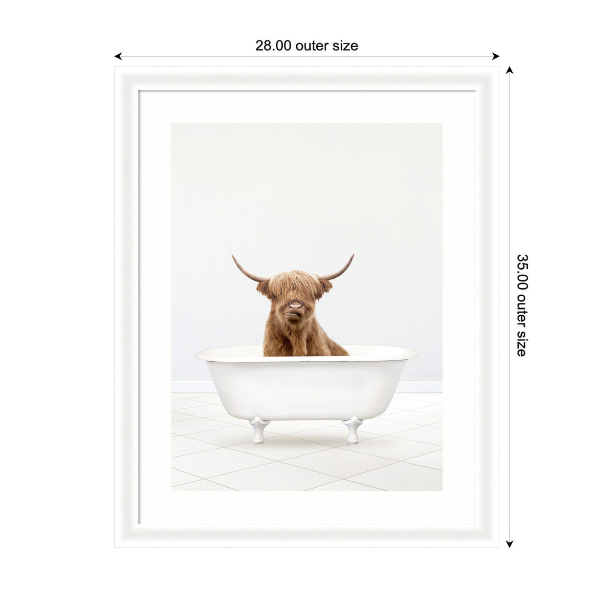 Framed print of a brown Highland cow with long hair and large horns standing inside a white clawfoot bathtub against a plain white tiled background.
