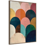 Abstract geometric composition of overlapping arches in muted jewel tones including teal, navy, blush pink, mustard, and burnt orange on textured canvas with a thin wooden frame.