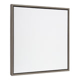 Square white canvas with a smooth surface, framed by a thin, dark, matte-finished wooden frame, shown at a slight angle on a white background.