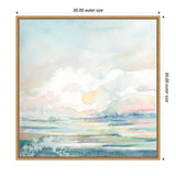 Abstract soft watercolor landscape with pastel tones of blue, green, pink, and yellow blending under a calm sky within a thin wood frame, sized 30x30 inches.