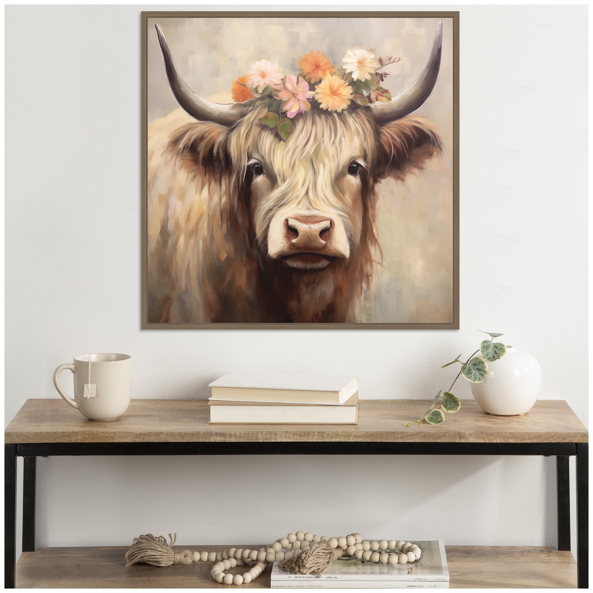 Sylvie Adorable Floral Boho Highland Cow Framed Canvas by The Creative Bunch Studio