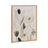 Framed abstract floral print with beige and black flowers, soft gray leaves, and golden dots on a white background in natural wood frame.