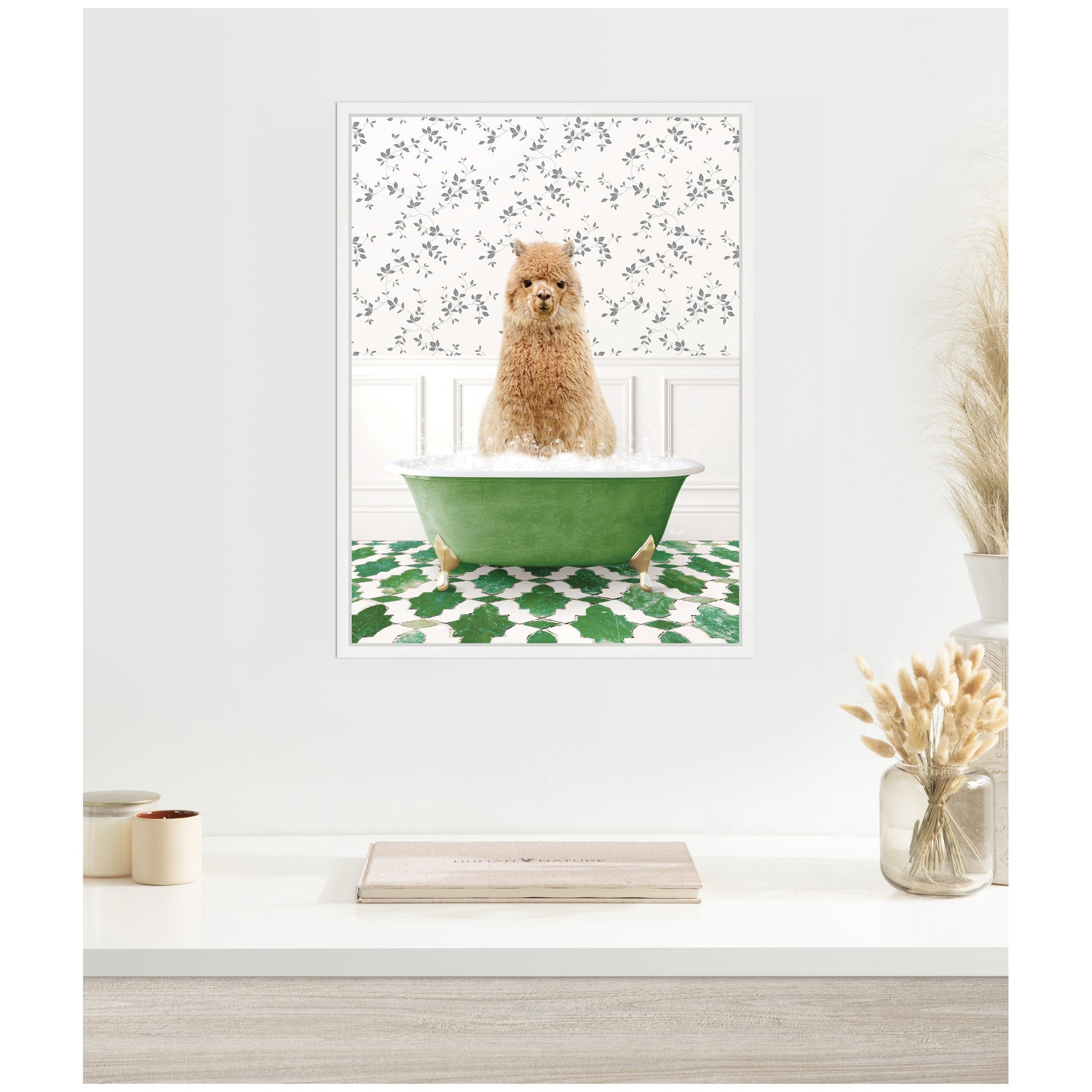 Sylvie Alpaca in Eclectic Green Bathtub Framed Canvas by Amy Peterson