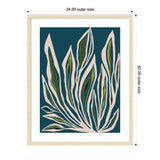 Abstract botanical artwork featuring elongated beige and olive green leaves outlined in soft white against a dark teal rectangular background, framed in light wood.