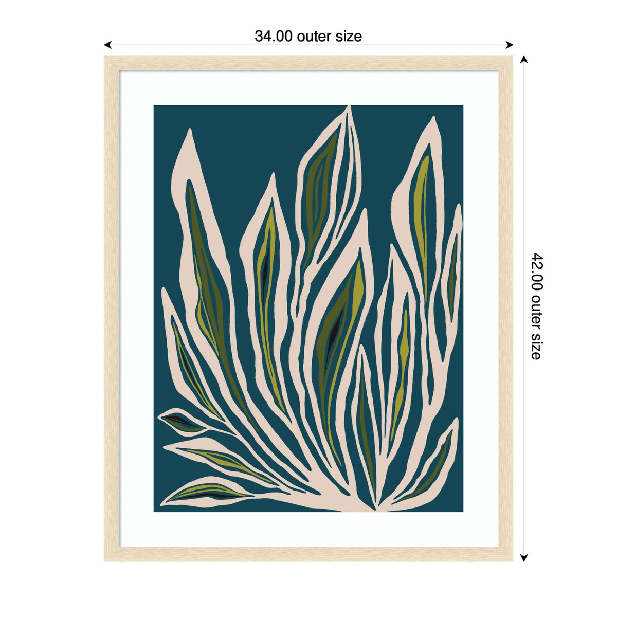 Abstract botanical artwork featuring elongated beige and olive green leaves outlined in soft white against a dark teal rectangular background, framed in light wood.