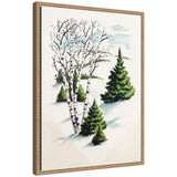 Framed canvas print showing snowy winter fir trees and birch trees with a beaded vintage style design.