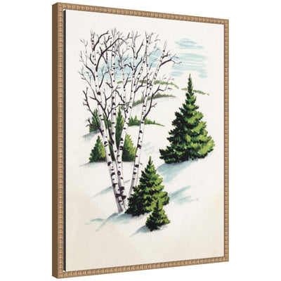 Framed canvas print showing snowy winter fir trees and birch trees with a beaded vintage style design.