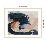 Abstract painting with large sweeping brushstrokes in deep navy blue and muted coral on a beige background, framed in light wood with white matting.