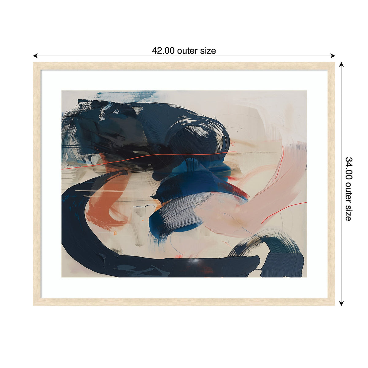 Abstract painting with large sweeping brushstrokes in deep navy blue and muted coral on a beige background, framed in light wood with white matting.