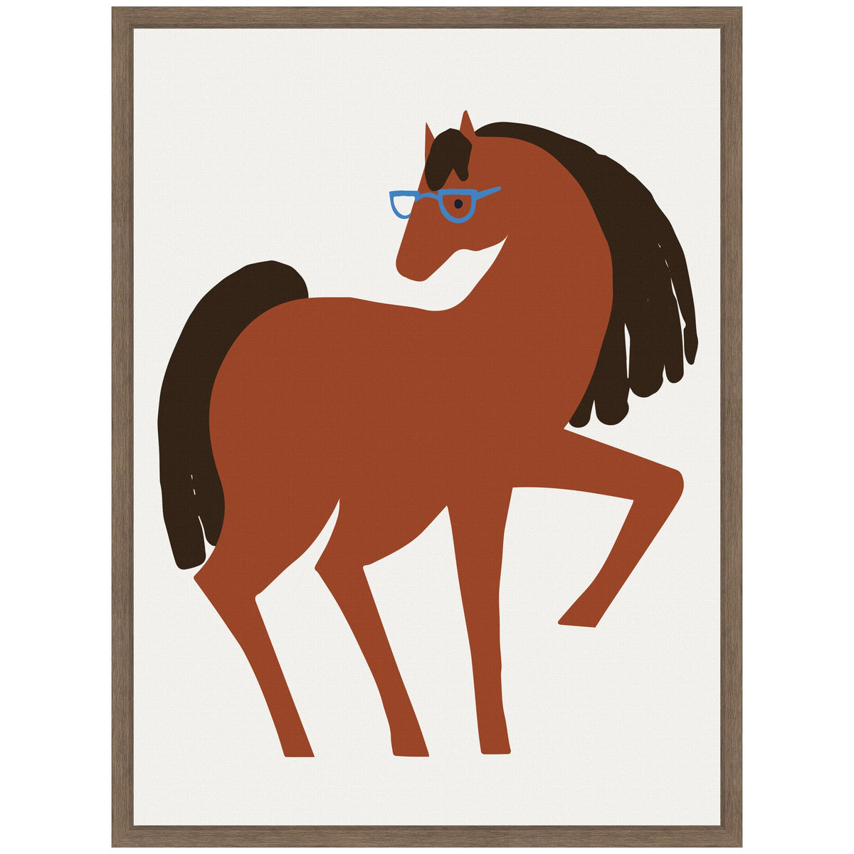 Minimalist illustration of a brown horse with dark mane and tail, wearing blue glasses, on a white background framed in light wood.