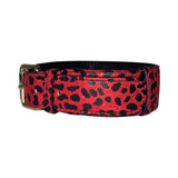 Red Italian leather dog collar with black leopard print and a silver metal buckle, shown against a white background in a side view.
