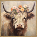Framed canvas painting of a Highland cow with long horns wearing a pastel floral crown against a soft beige background.