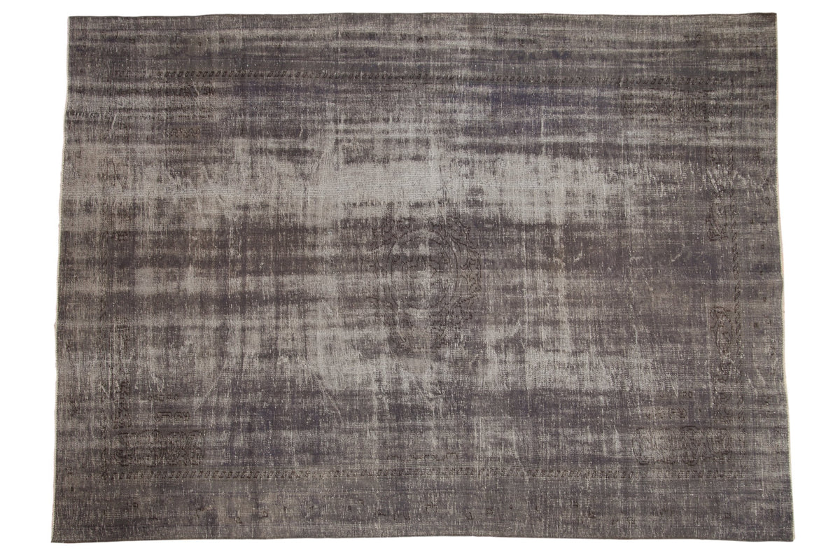 7.5x10.5 Vintage Distressed Overdyed Oushak Carpet with dusty royal mauve, charcoal, and ivory in roundel medallion design