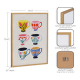 Framed art print featuring six colorful botanical-themed coffee cups on a white background, enclosed in a natural oak wood frame with a gold finish.