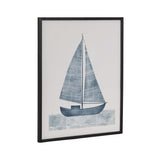 Minimalist print of a blue sailboat with striped sails floating on stylized wavy water, framed in a simple black wood frame against a white background.