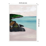 Framed canvas painting depicting a serene seascape with soft pink sand, dark rocks, green foliage on cliffs, and pale blue ocean under a cloudy sky.