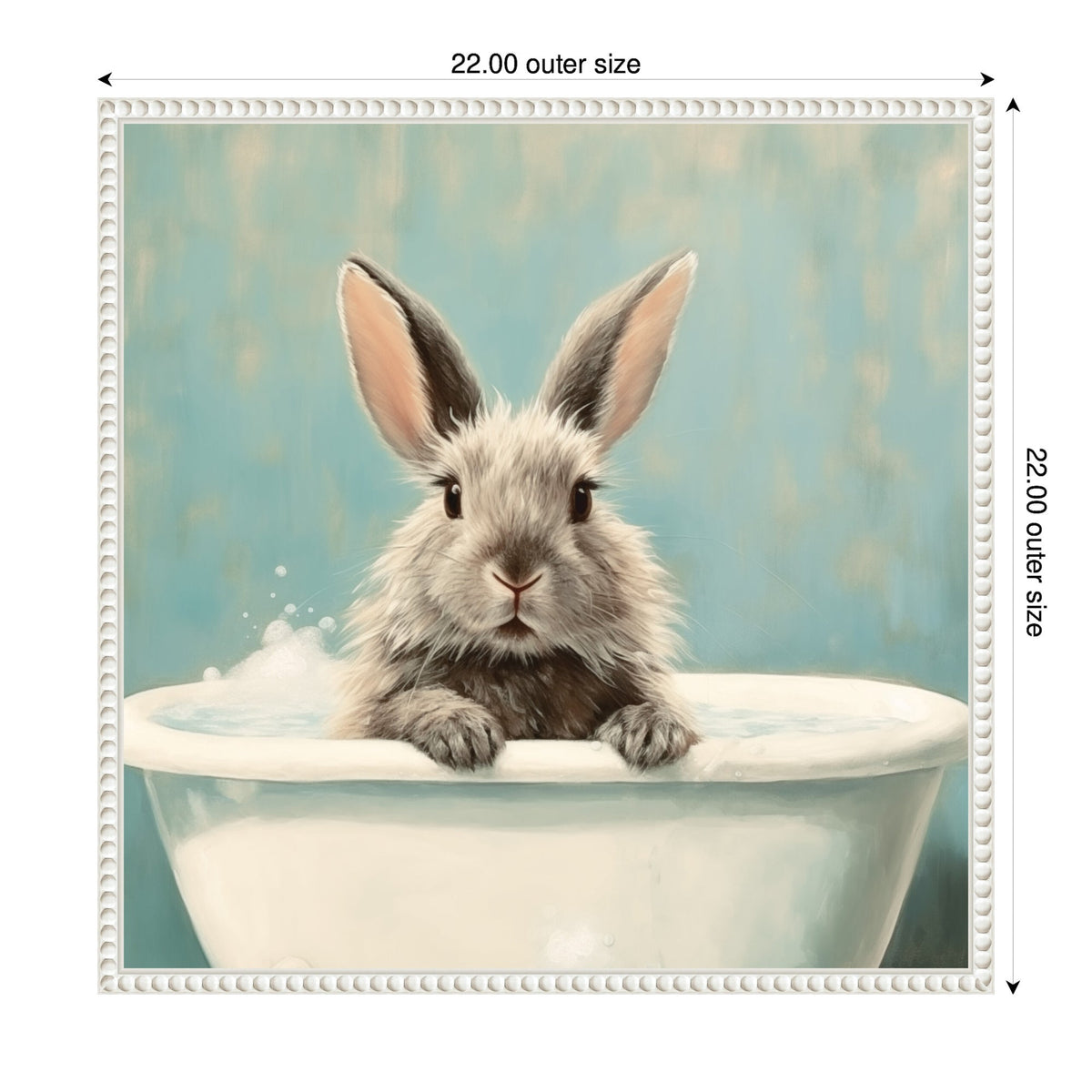 Fluffy gray and white bunny with large ears sitting in a white bathtub against a soft blue background with subtle bubbles on the tub edge.