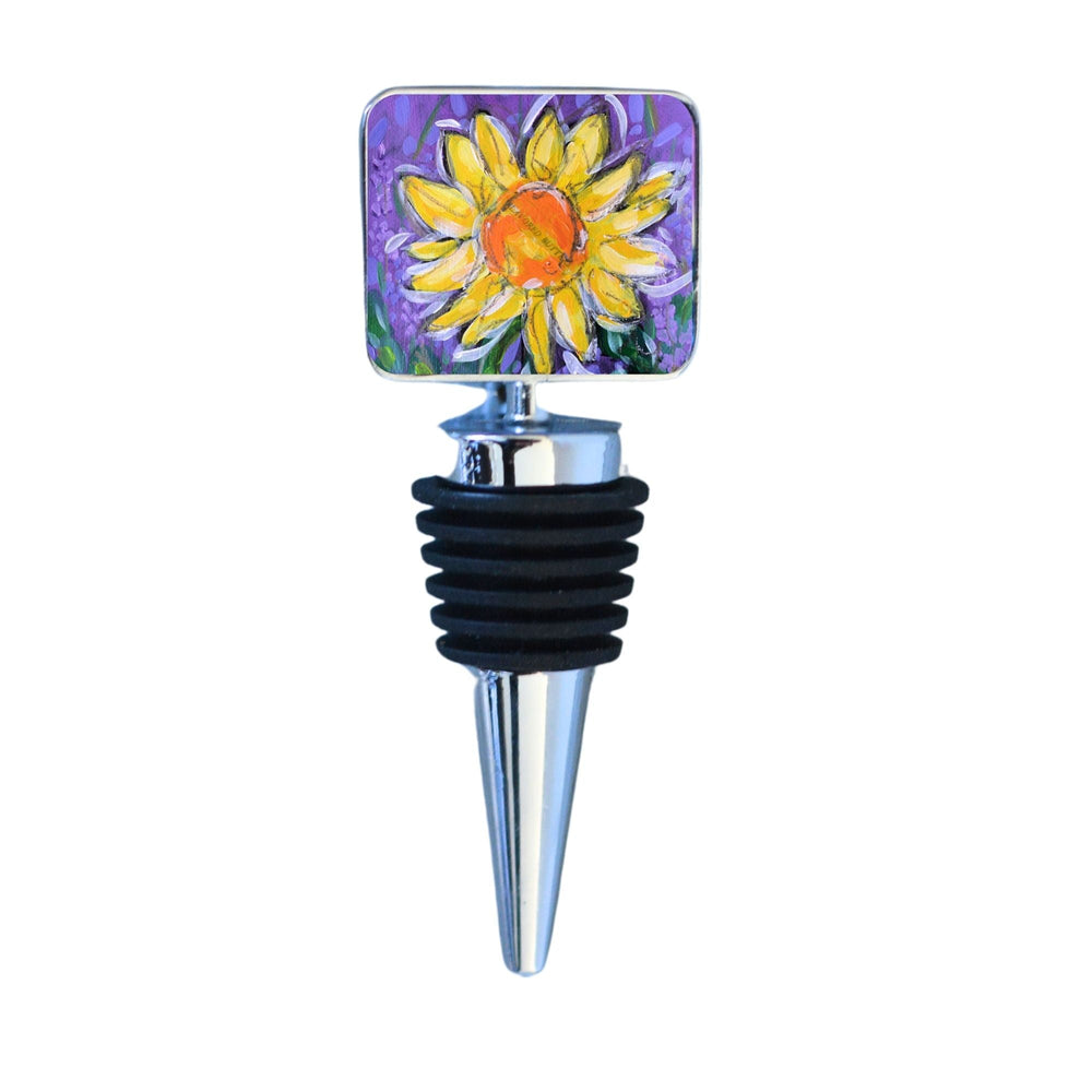 Wine Bottle Stopper: Sunflower featuring a vibrant sunflower artwork on the stopper top