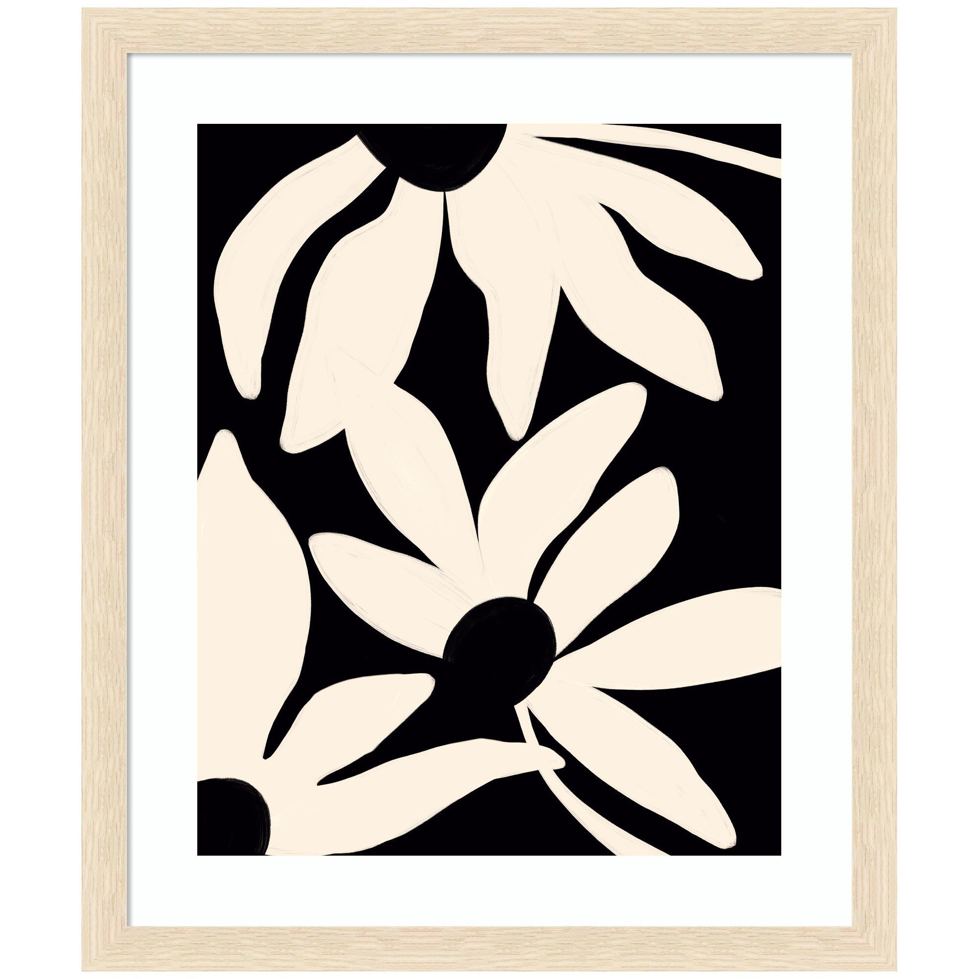 Framed Minimal Blooms artwork by Alicia Bock showing three white daisy-like flowers with black centers on a black background in a light woodgrain frame