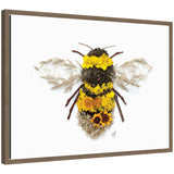 Framed artwork depicting a bumble bee formed from yellow flowers, brown seed pods, and wispy grass arranged on a white background.