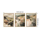 Three framed abstract landscape paintings in warm earth tones and muted greens, arranged side-by-side with dimensions labeled 58 by 24 inches for the complete set.