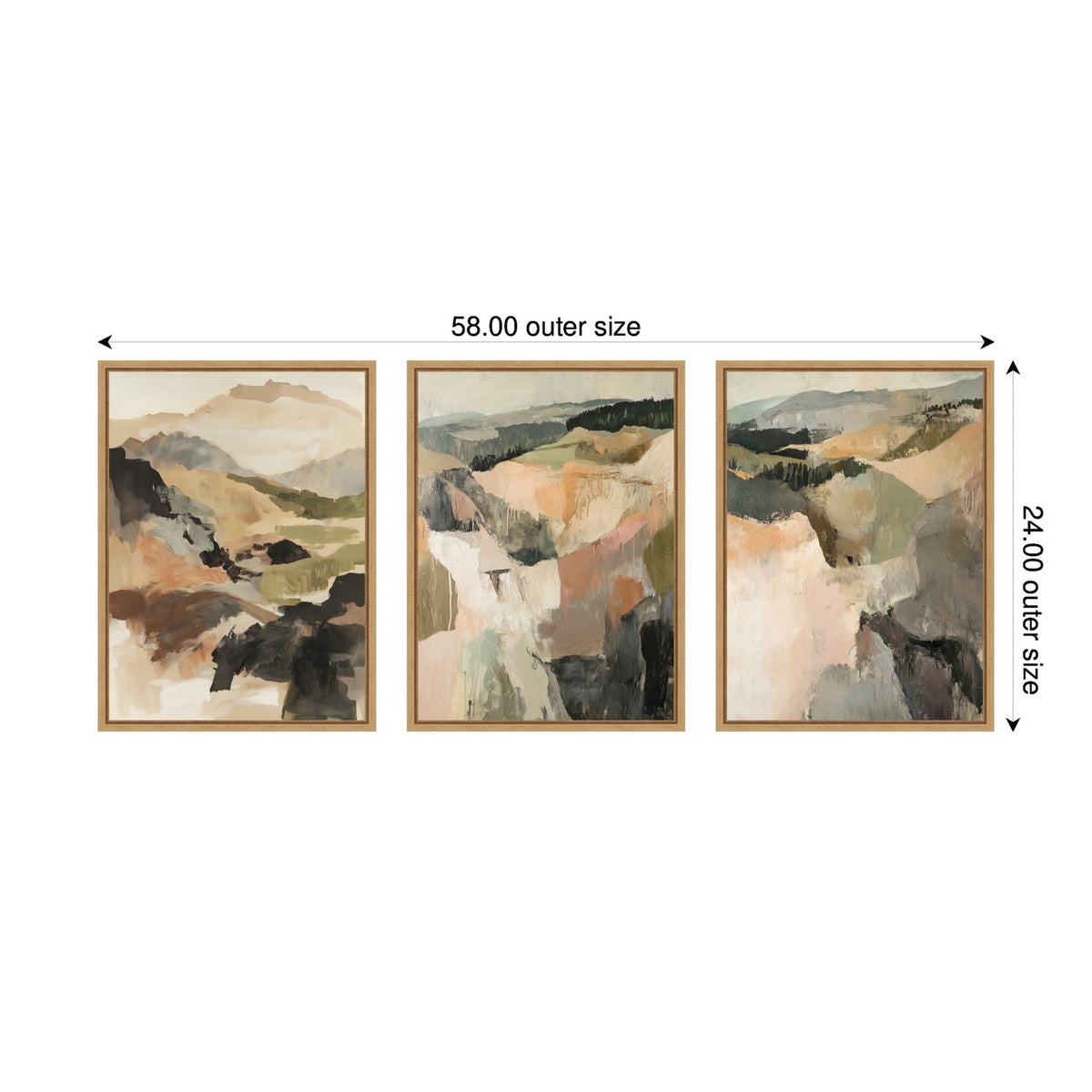Three framed abstract landscape paintings in warm earth tones and muted greens, arranged side-by-side with dimensions labeled 58 by 24 inches for the complete set.