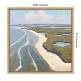 Framed coastal landscape painting featuring a sandy shore curving alongside blue ocean waves and dense green marshland under a pale blue sky with clouds.