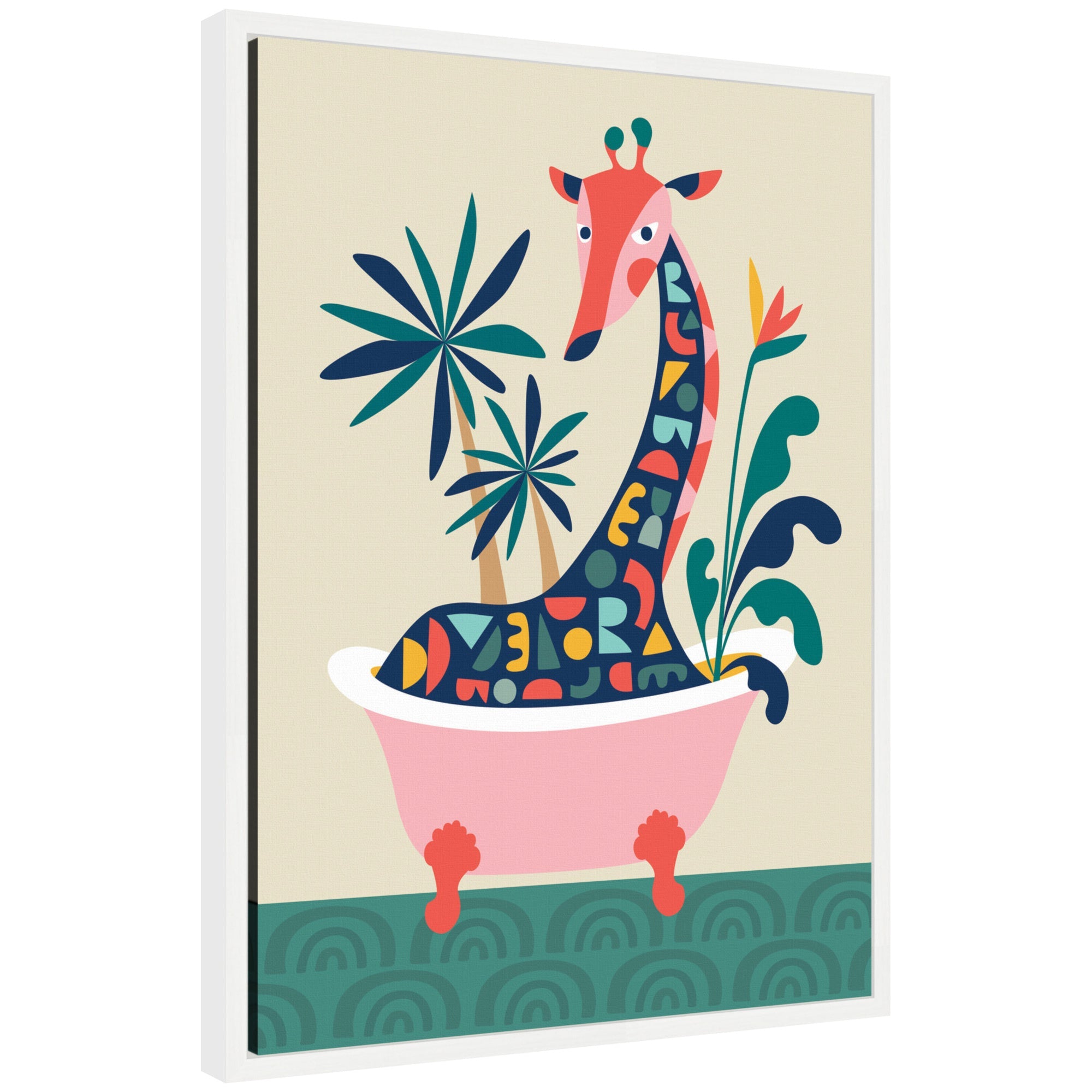 Sylvie MCM Giraffe in Bathtub framed canvas art by Rachel Lee showing a stylized giraffe sitting in a bathtub with bubbles, framed in white