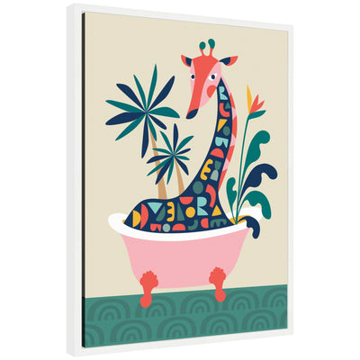 Sylvie MCM Giraffe in Bathtub framed canvas art by Rachel Lee showing a stylized giraffe sitting in a bathtub with bubbles, framed in white