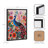 Colorful framed print of a stylized blue peacock surrounded by bright pink, orange, and teal flowers with green leafy botanicals in a black oak frame.
