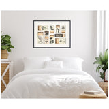 Framed wall art above white bed featuring a grid of vintage matchbox label prints in neutral black, beige, and brown tones with various retro designs.